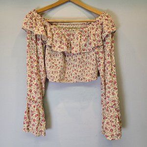 Kimchi Blue Floral Off-Shoulder Crop Top - Pink and Cream